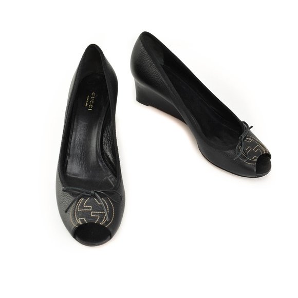 GUCCI: Black, Leather & "GG" Logo Peep-Toe Wedges - Picture 1 of 11